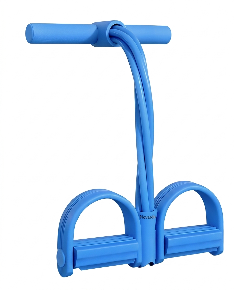 Nevarda Flow Pedal Trainer in blue, with padded foot pedal anchor, four resistance tubes and handles