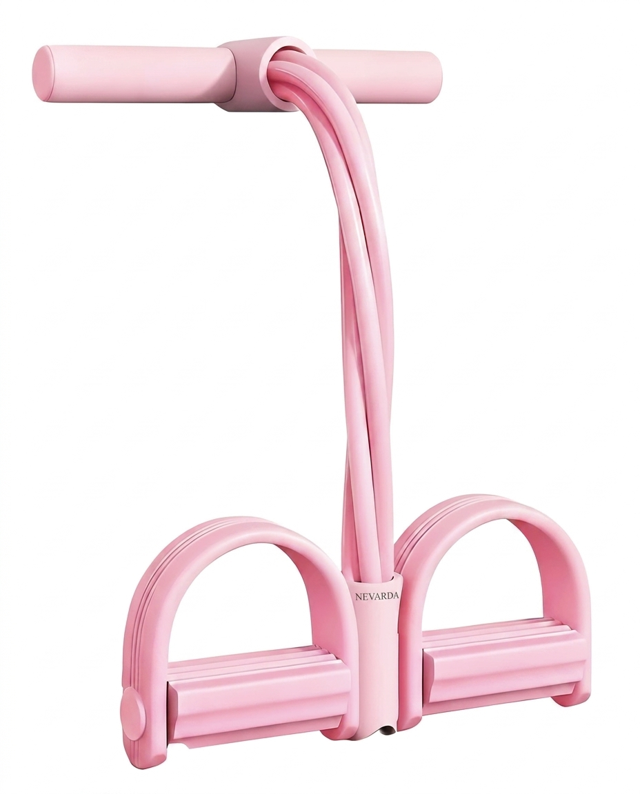 Nevarda Flow Pedal Trainer in pink, with padded foot pedal anchor, four resistance tubes and handles
