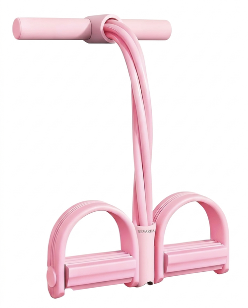Nevarda Flow Pedal Trainer in pink, with padded foot pedal anchor, four resistance tubes and handles