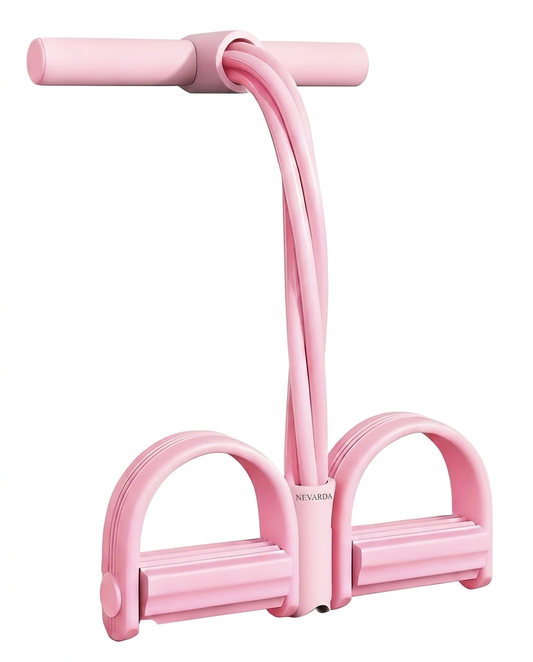 Nevarda Flow Pedal Trainer in pink, with padded foot pedal anchor, four resistance tubes and handles