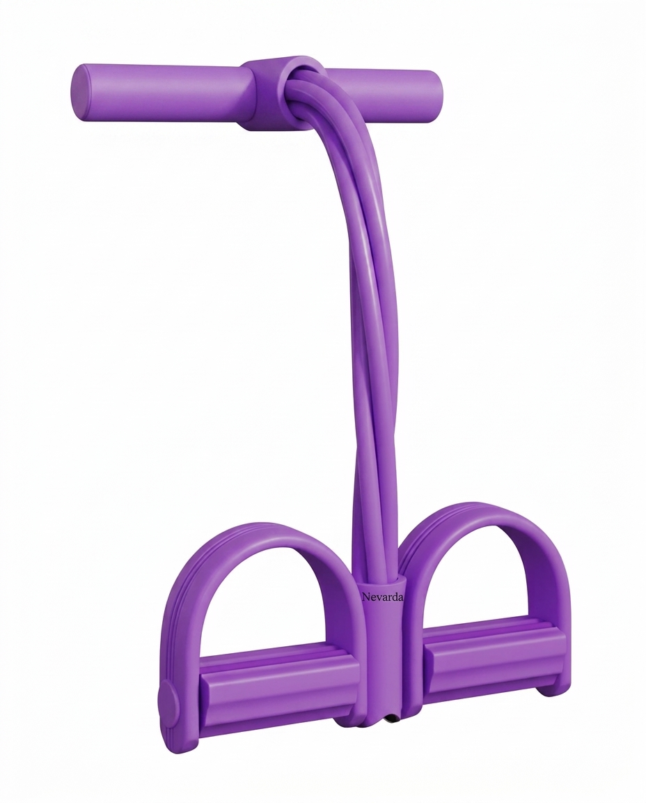 Nevarda Flow Pedal Trainer in purple, with padded foot pedal anchor, four resistance tubes and handles