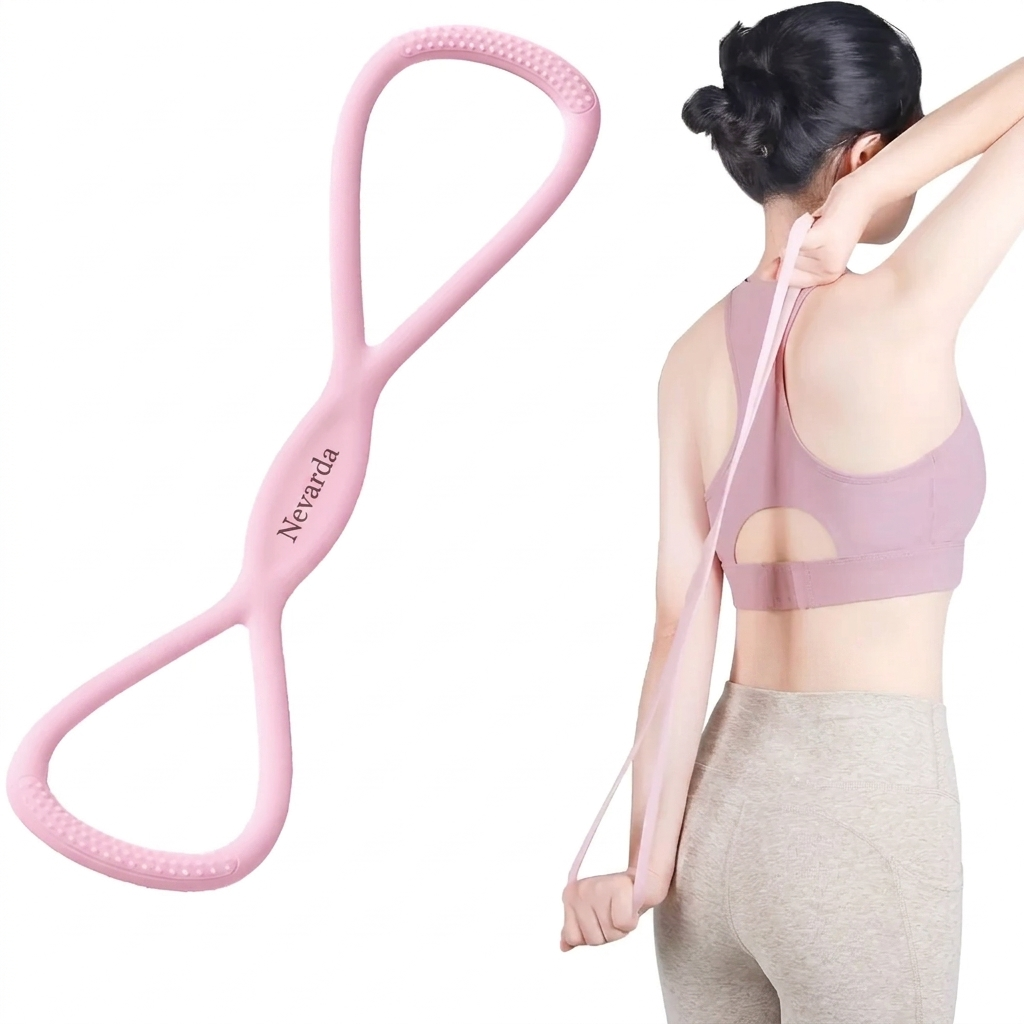 Nevarda Flow Sculpt Band, pink figure-eight resistance band, shown with a person doing an overhead stretch